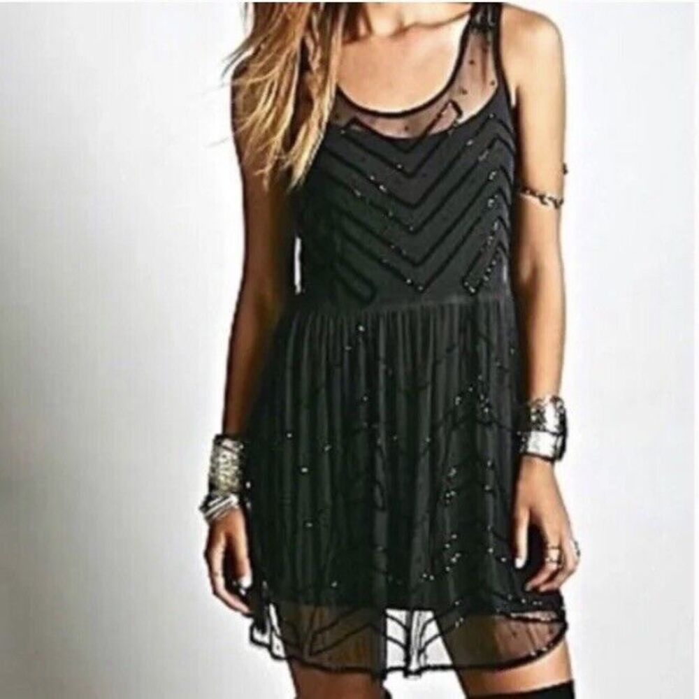 Free People Beaded Mesh Tunic Dress Charcoal Black Sheer Boho Festival XS NWT